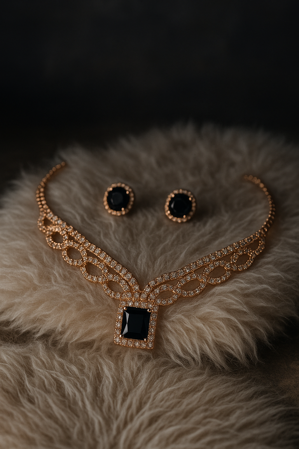 Black Crystal Cubic Stone Necklace and Earrings Set