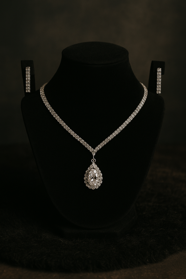 Silver Crystal Stone Necklace and Earrings Set